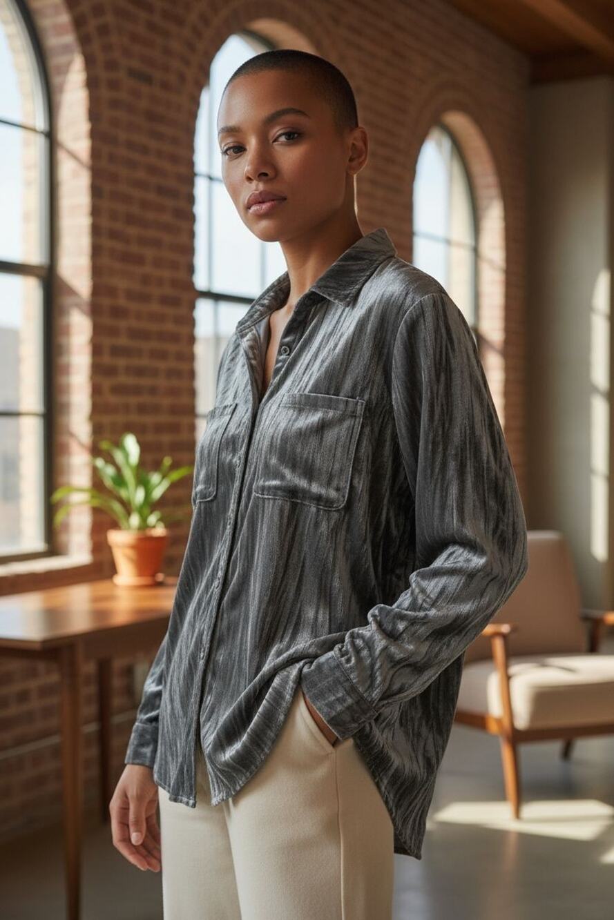 Maurice Winona Silver Velvet Button Down Blouse With Front Pockets Size XXL